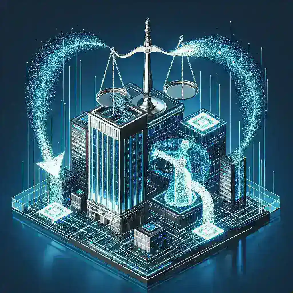 "Ilustrasi perusahaan teknologi yang mendiskusikan penggunaan bahan berhak cipta dalam pelatihan model AI dalam konteks penggunaan wajar di artikel tentang perdebatan hak cipta dalam teknologi AI."