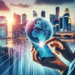 "OVO digital payment platform logo with a background showcasing Singapore skyline, illustrating the integration of international transfer services in Singapore's financial ecosystem."