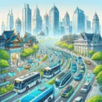 "Diagram illustrating Indonesia's goal to achieve 50% electric public transport by 2035, showcasing electric buses and trains in urban settings."