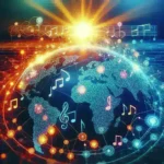 "Logo YouTube Music dan ilustrasi podcast video global, simbol integrasi platform musik dan konten digital terbaru."