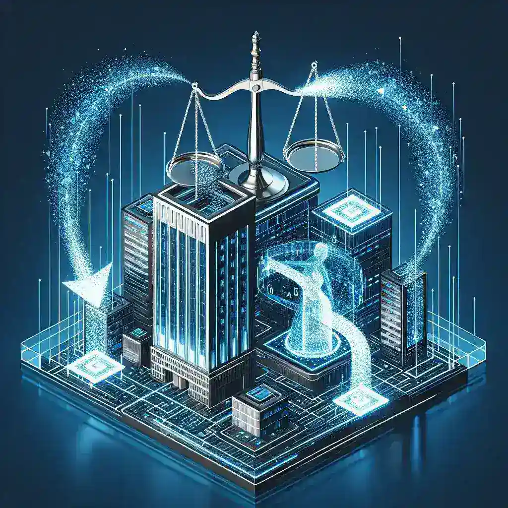 "Ilustrasi perusahaan teknologi yang mendiskusikan penggunaan bahan berhak cipta dalam pelatihan model AI dalam konteks penggunaan wajar di artikel tentang perdebatan hak cipta dalam teknologi AI."